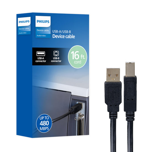 Philips USB-A to USB-B Printer Cable, 16 Ft Long Cord, Connect Laptop or Desktop, Data Transfer 480 Mbps, Gold Plated, HP, Canon, Brother, Samsung