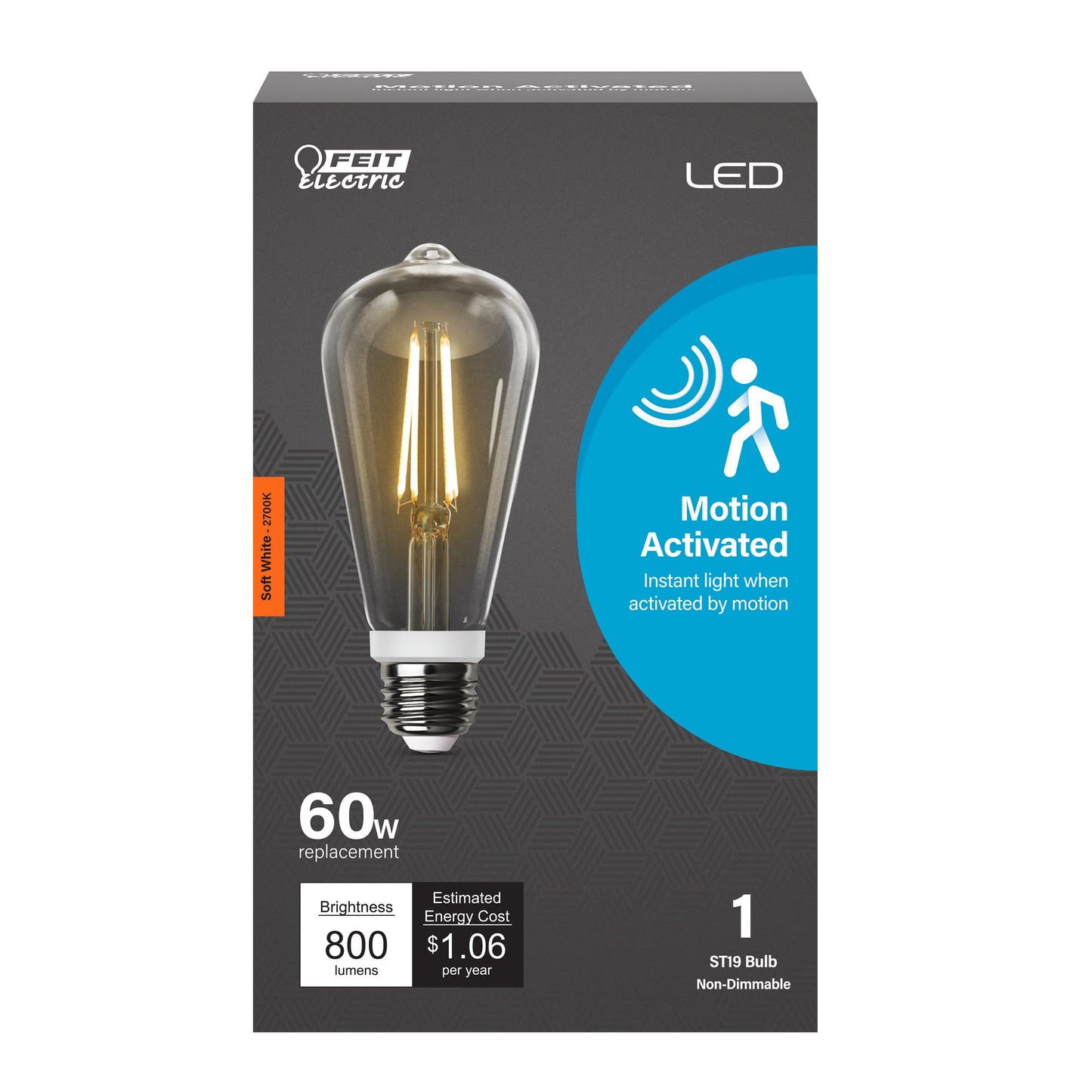 Feit Electric ST19 Motion Sensor LED Bulb, 60W Eq, Soft White, E26 Base