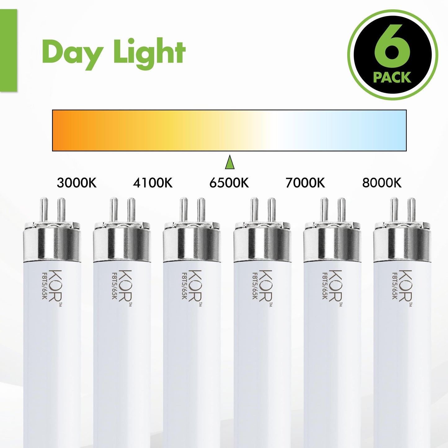 KOR F8T5 12" Fluorescent Tube Light Bulbs, 8W, 6500K Daylight, 6-Pack