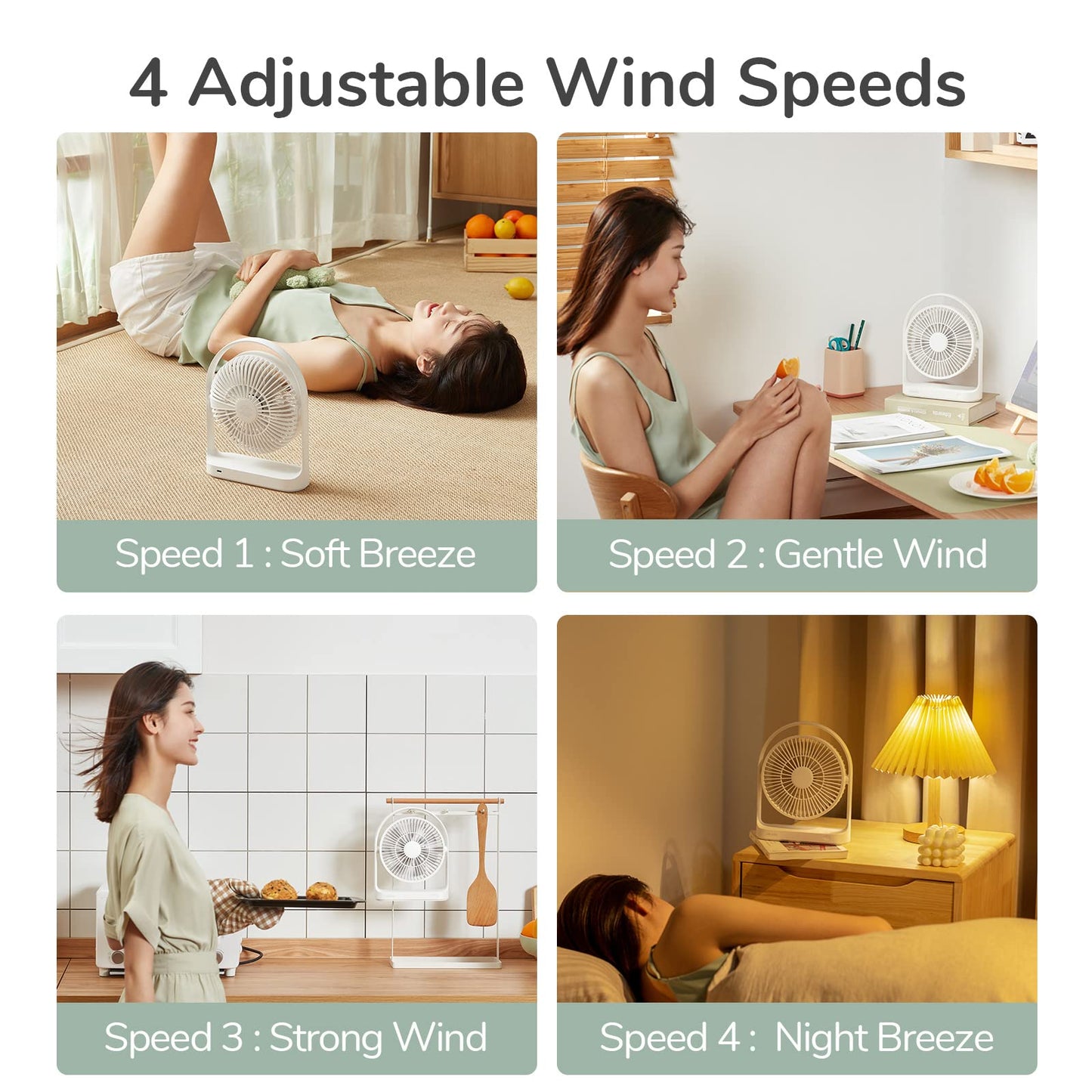 JISULIFE Desk Fan, Small Portable Battery Operated Desktop and 4000mAh USB Rechargeable Electric Table Fan with 4 Speeds, Max 15 Hrs, Strong Airflow