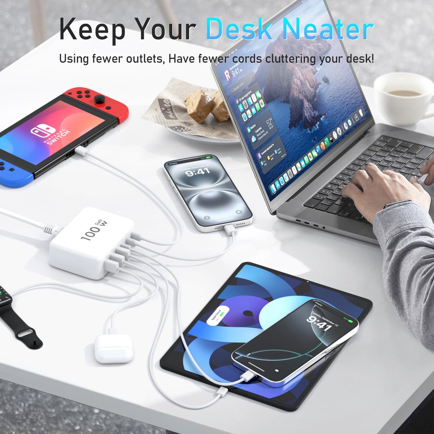 100W GaN USB C Fast Charger Block Compact 6 Port GaN Charging Station HUB Brick Portable Wall PD Charger Power Adapter for iPhone 16 15 14 13 12 Pro
