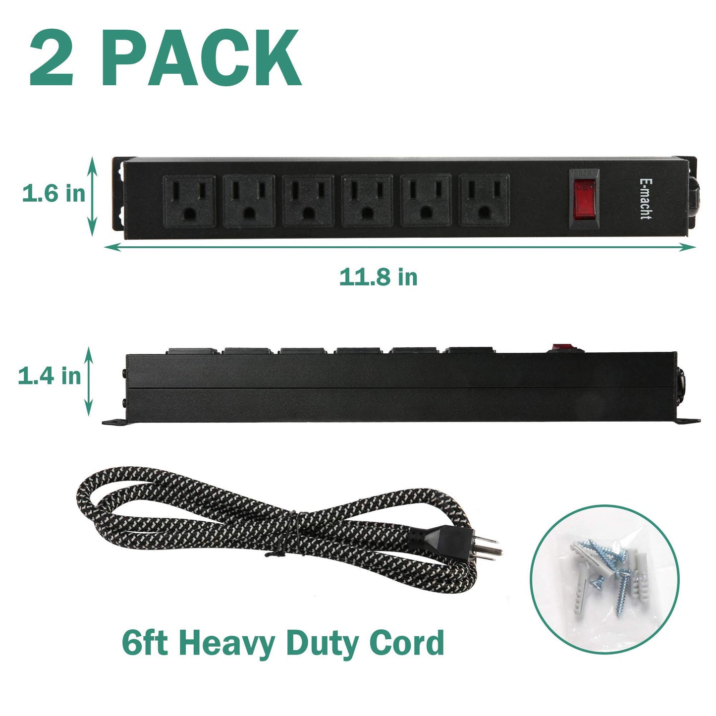 LONABR Long Power Strip Surge Protector, 6 Outlets Metal Heavy Duty Power Outlet with 6 ft Extension Cord, Wall Mountable, 2 Pack, Black, 300 Joules