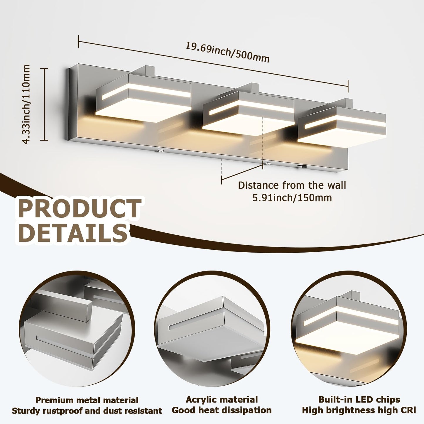 Joossnwell Brushed Nickel Vanity Lights for Bathroom Light Fixtures (3-Light, 19.69-Inch) Dimmable 5CCT Modern Bath Lighing Fixture Over Mirror LED