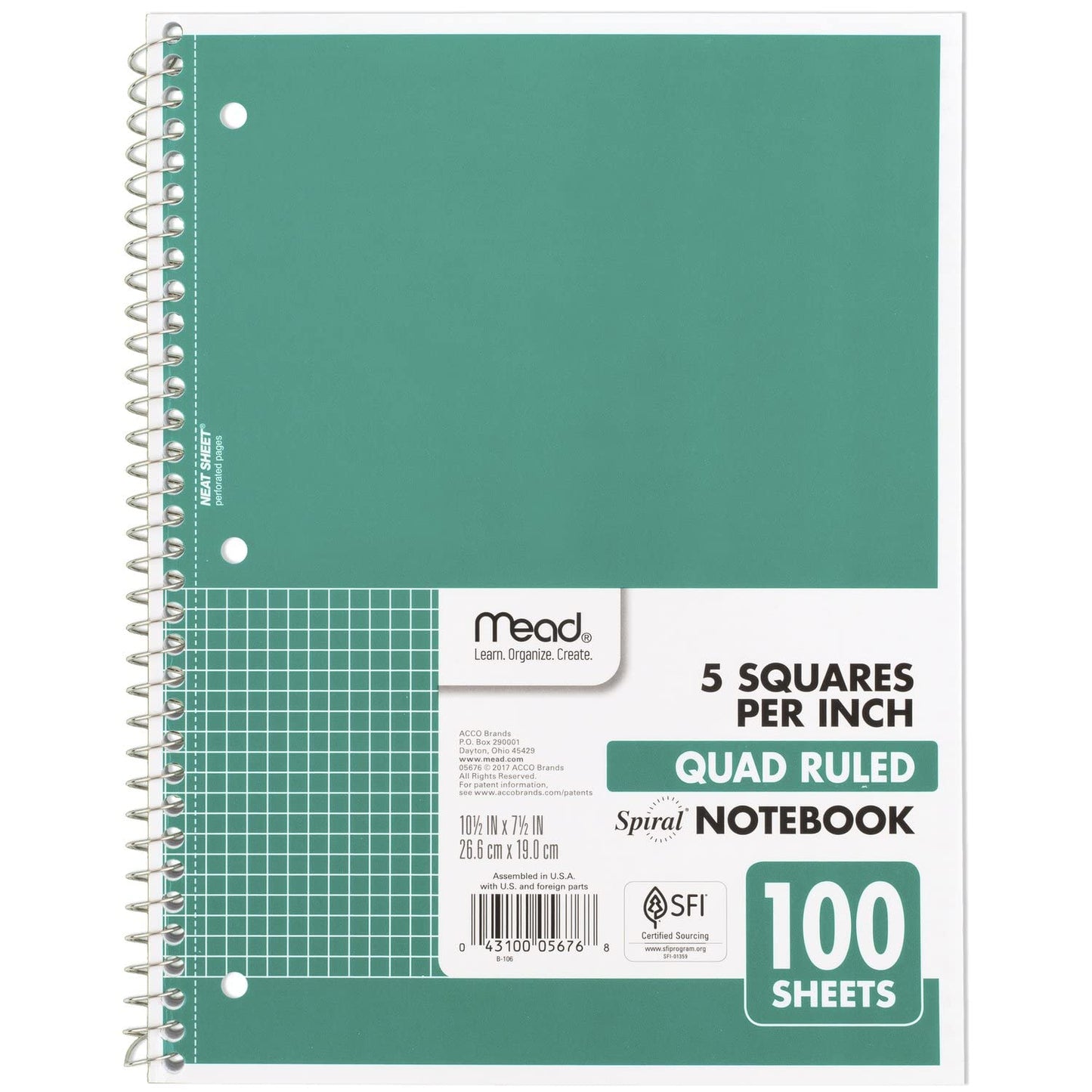 Mead Spiral Notebook, 1 Subject, Graph Ruled Paper, 7-1/2" x 10-1/2", 100 Sheets, Green (05676AC5)