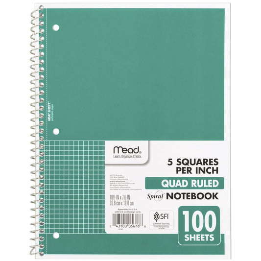 Mead Spiral Notebook, 1 Subject, Graph Ruled Paper, 7-1/2" x 10-1/2", 100 Sheets, Green (05676AC5)