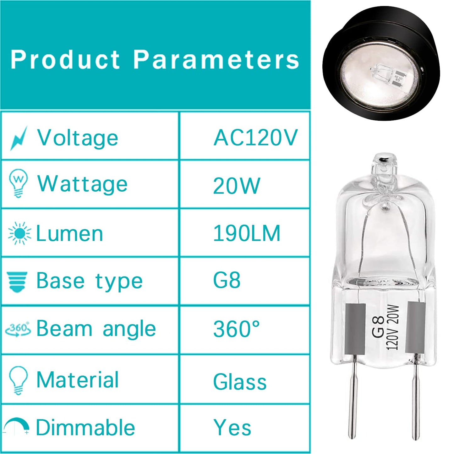 YBEK G8 Halogen Light Bulbs 20W 120V Under Cabinet Lighting Replacements 2Pin 2700K Warm White (Pack of 10)