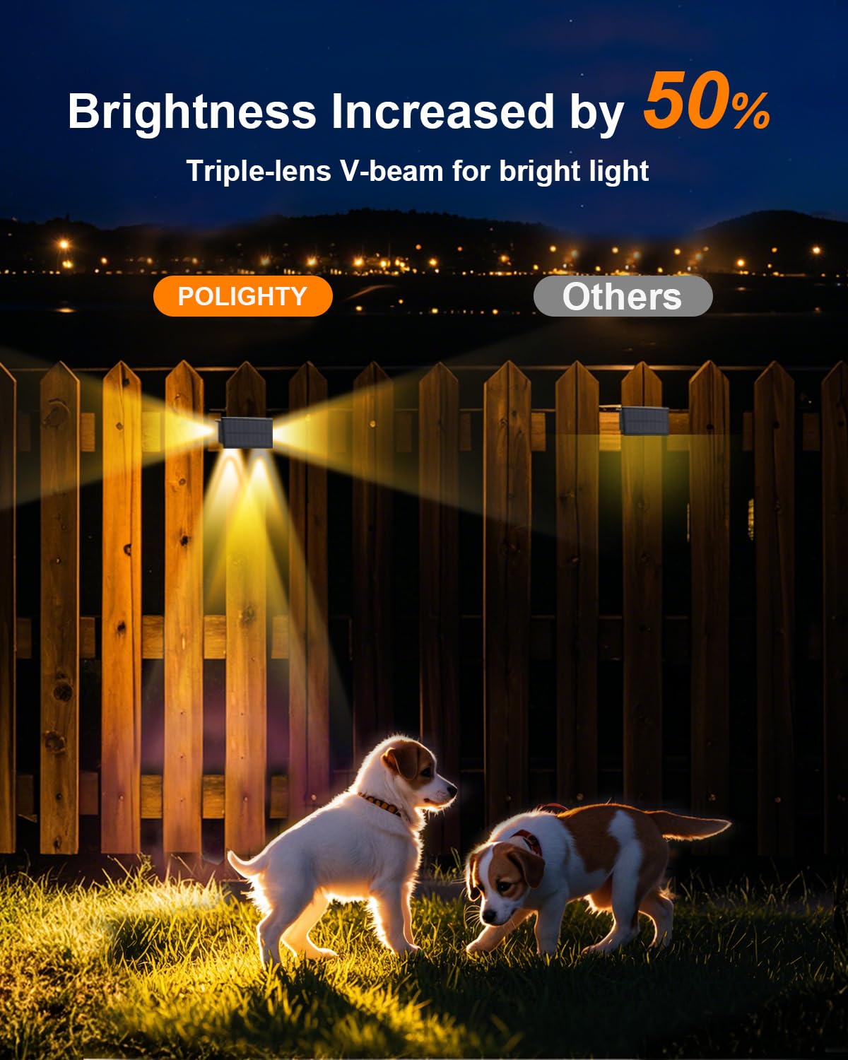 POLIGHTY 4 Pack 3-Side Solar Fence Lights Outdoor Waterproof with Warm White LED Spot Lens, for Wall, Deck, Patio, Yard, Rail, Garage, Pool, Designed