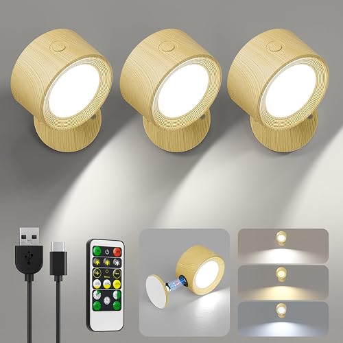 Lightbiz LED Wall Sconces, Wall Mounted Lamp 3 Pcs with Remote Rechargeable Battery Operated, 3 Color Temperatures & Dimmable Wall Lights Magnetic