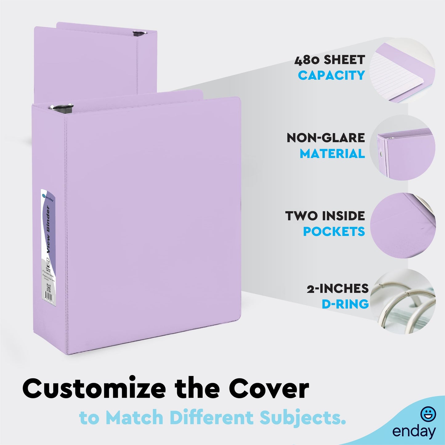 Enday 2 Inch Binder, Purple - 2 Inch 3 Ring Binder, D-Ring Pastel with Clear View Cover for Letter Size 8.5 x 11'' Paper & 2 Inside Pockets, Ideal