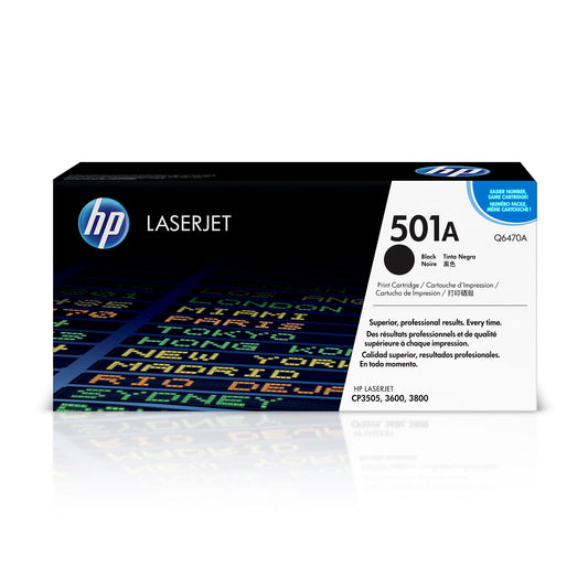 HP Original 501A Black Toner Cartridge | Works Color LaserJet 3600, 3800, CP3505 Series | Q6470A