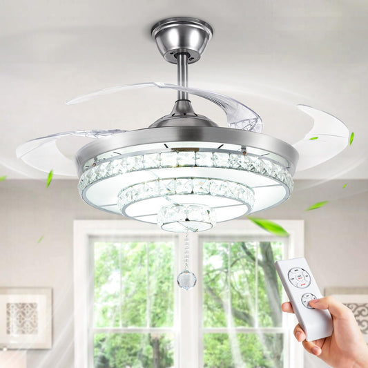 efperfect 42" Crystal Ceiling Fan with Lights, Retractable Modern Chrome Fandelier, Remote 3 Speeds 3 Color Changes Noise-Free Ceiling Fan