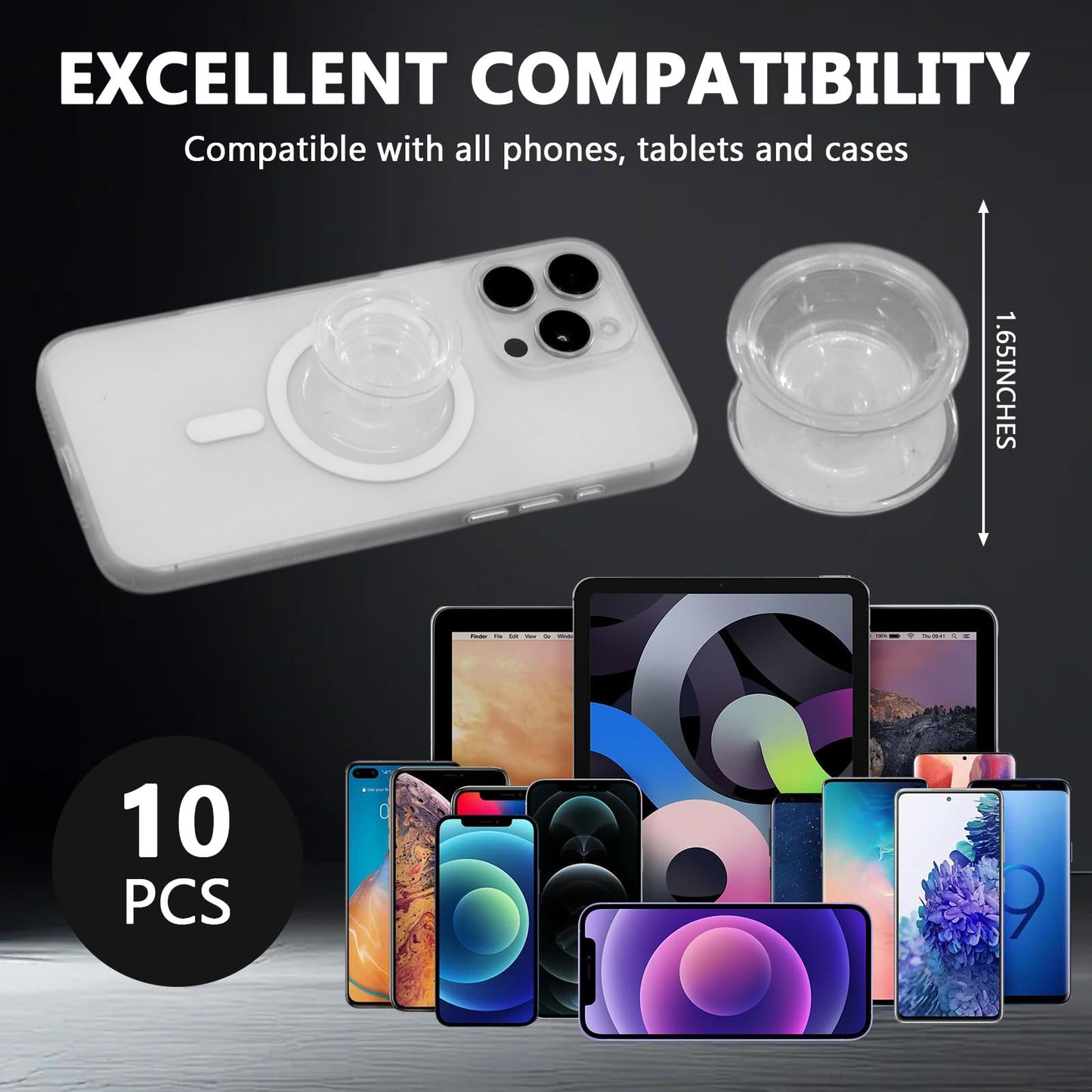 10 PCS Clear Phone Grip Stand, Collapsible Self-Adhesive Finger Holder for Smartphones & Tablets (Transparent)
