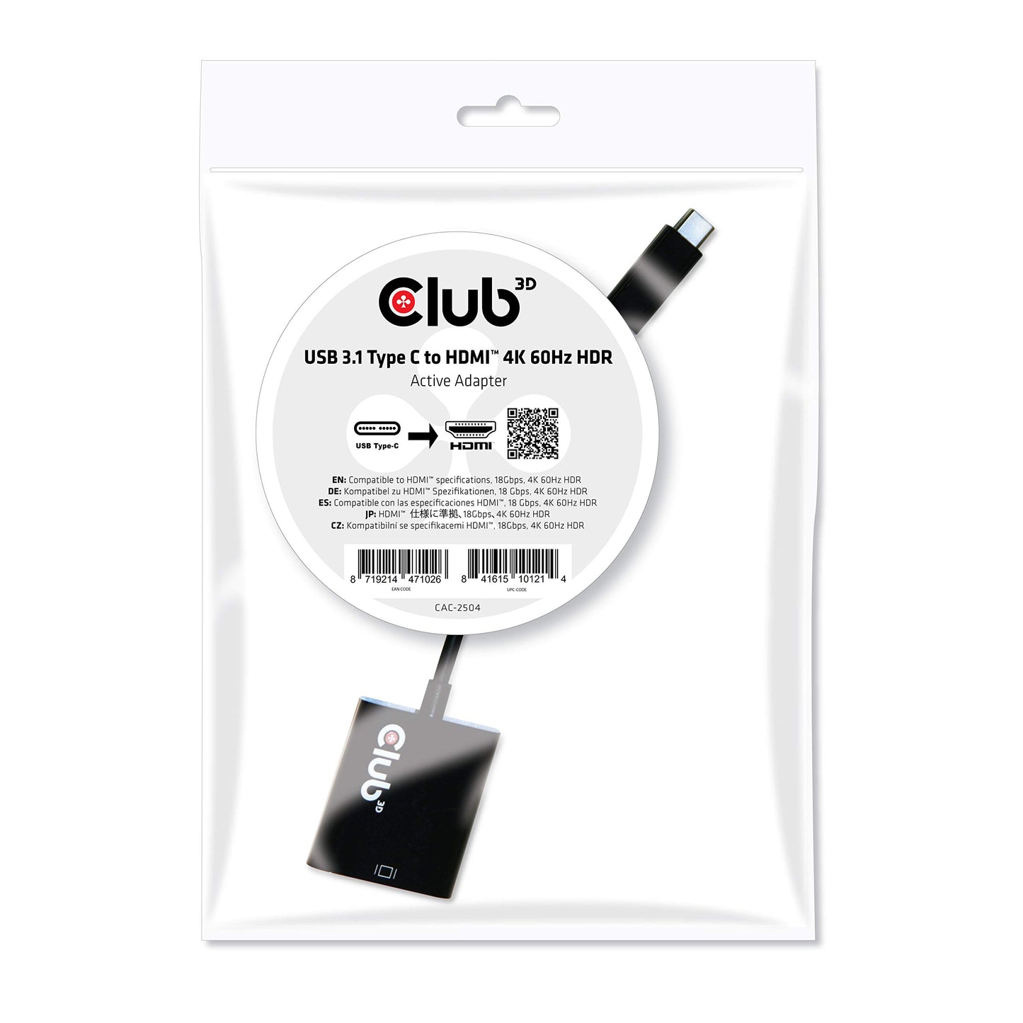 Club 3D CAC-2504 USB 3.1 Type C to HDMI 2.0 UHD 4K 60Hz HDR Active Adapter M/F