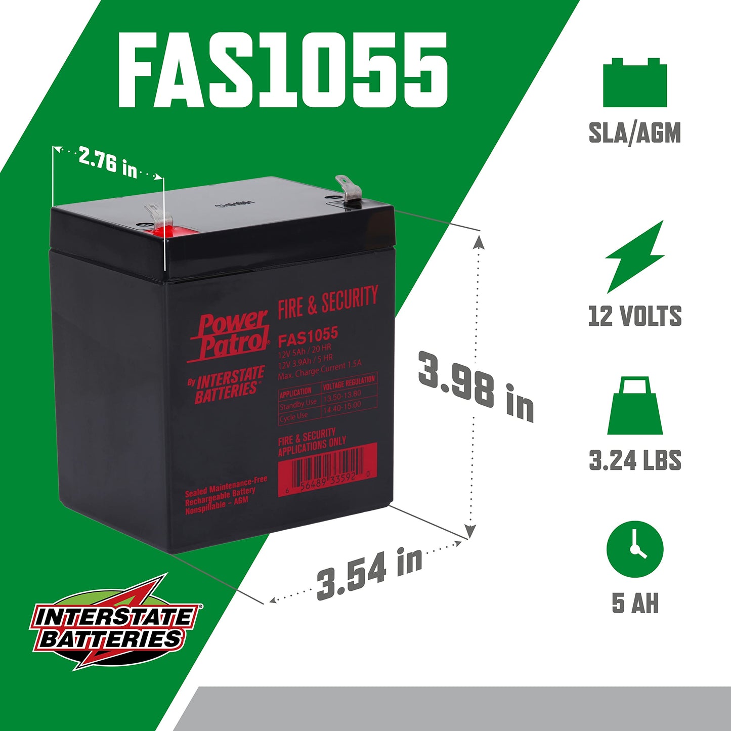 Interstate Batteries 12V 5Ah Fire & Security Battery - F1 Terminal, SLA AGM VRLA Power Patrol, Rechargeable Replacement for Fire Alarms, Locks…