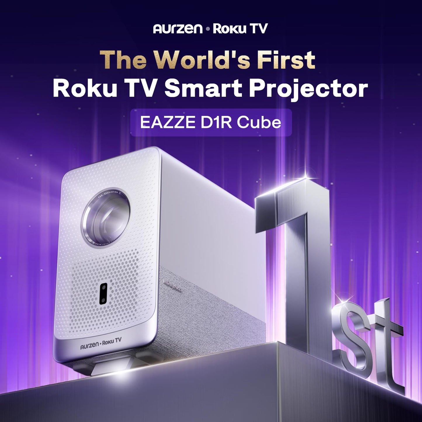 Aurzen Roku TV Smart Projector with Wifi and Bluetooth, D1R Cube Roku Streaming Experience Built-in, Sealed Optical Engine, 1080P FHD, DoIby Audio