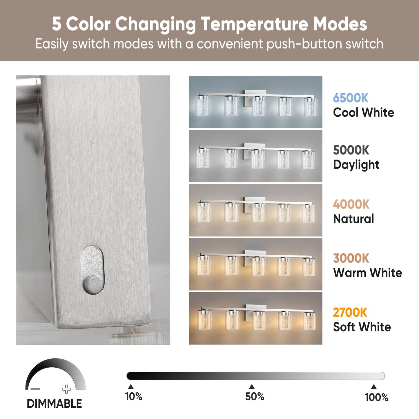 LED Modern Bathroom Light Fixtures Over Mirror, 5-Light Brushed Nickel Vanity Lights with 5 Color Modes, Dimmable Bathroom Vanity Light with Crystal