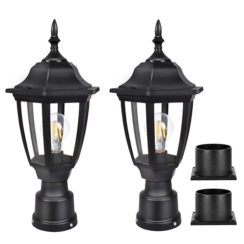 FUDESY Outdoor Post Lights, Electric Exterior Lamp Post Light Fixture with Pier Mount Base, LED Bulb Included, Anti Corrosion Black Plastic Materials