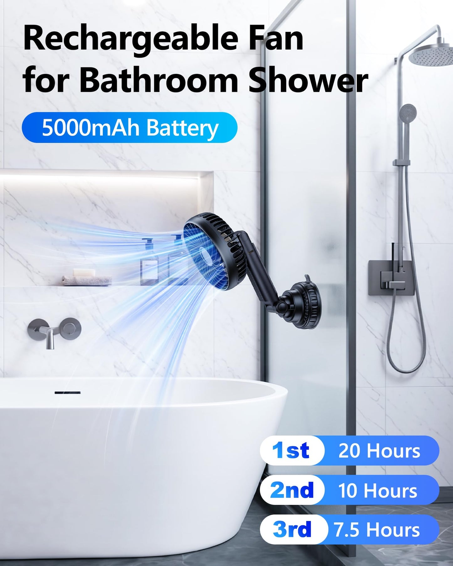 5000mAh Rechargeable Suction Cup Fan for Bathroom Shower, 360° Adjustable Stick on Fan for Wall, Detachable Battery Operated Wall Fan for Bathroom