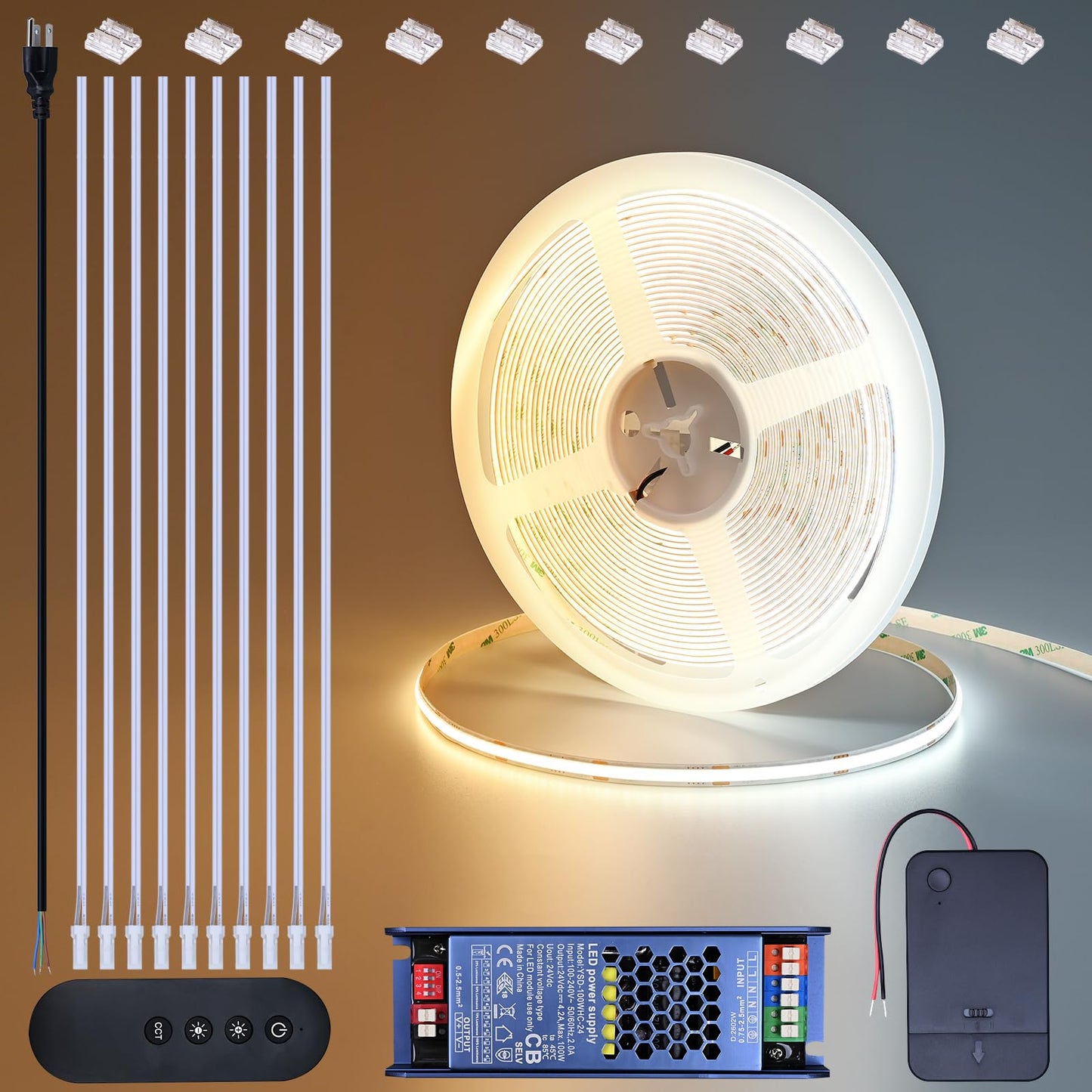 BENLUN 24V CCT COB LED Under Cabinet Strip Lighting 32.8FT, 3000K 4000K 6000K Cuttable LED Tape Light CRI 93 with Remote Controller and Power Supply