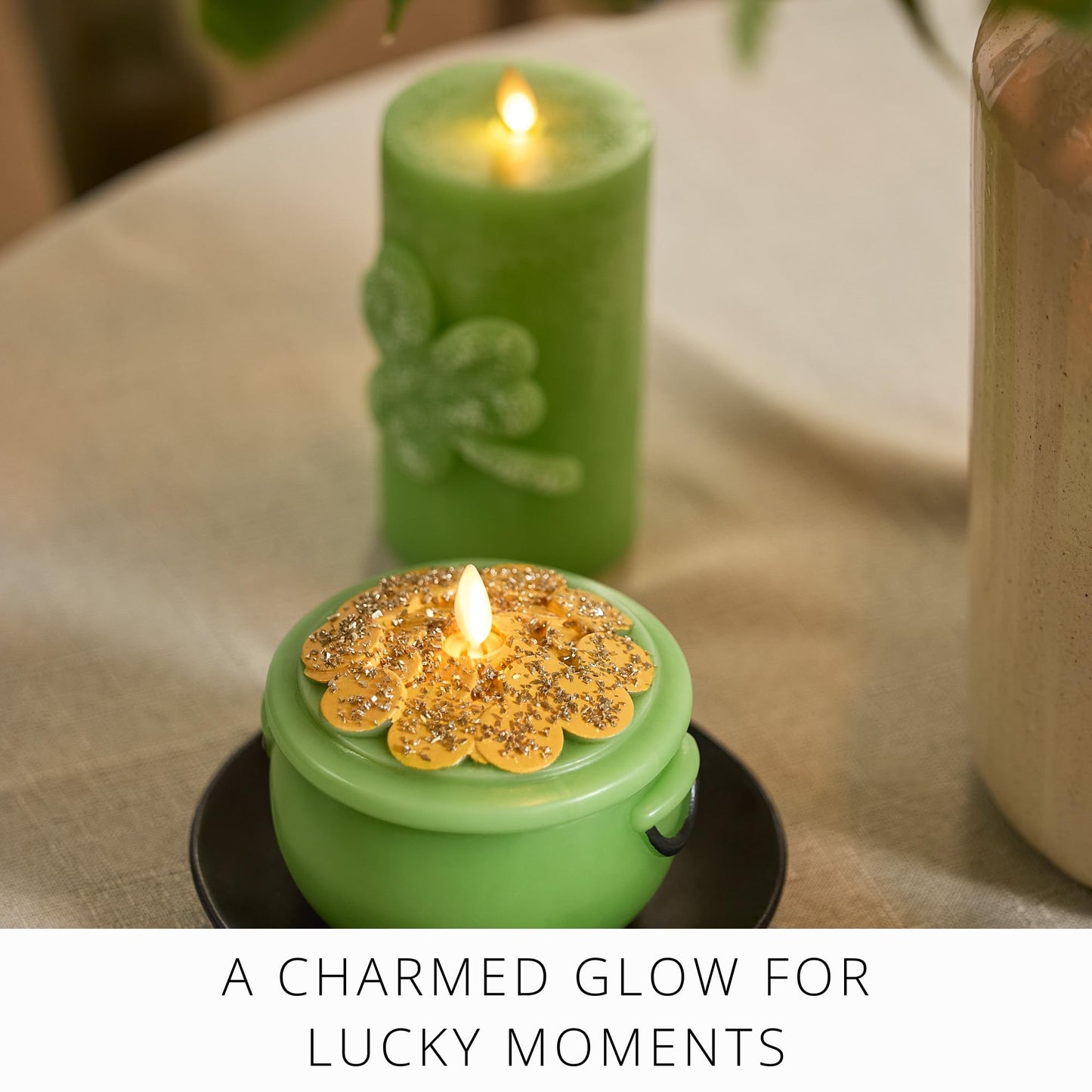 Luminara Lucky Green Pot of Gold Candle - Flickering Real-Flame Technology- Flameless LED- Remote Ready- Classic Green St. Patrick's Day- 4.8" x 4.3"