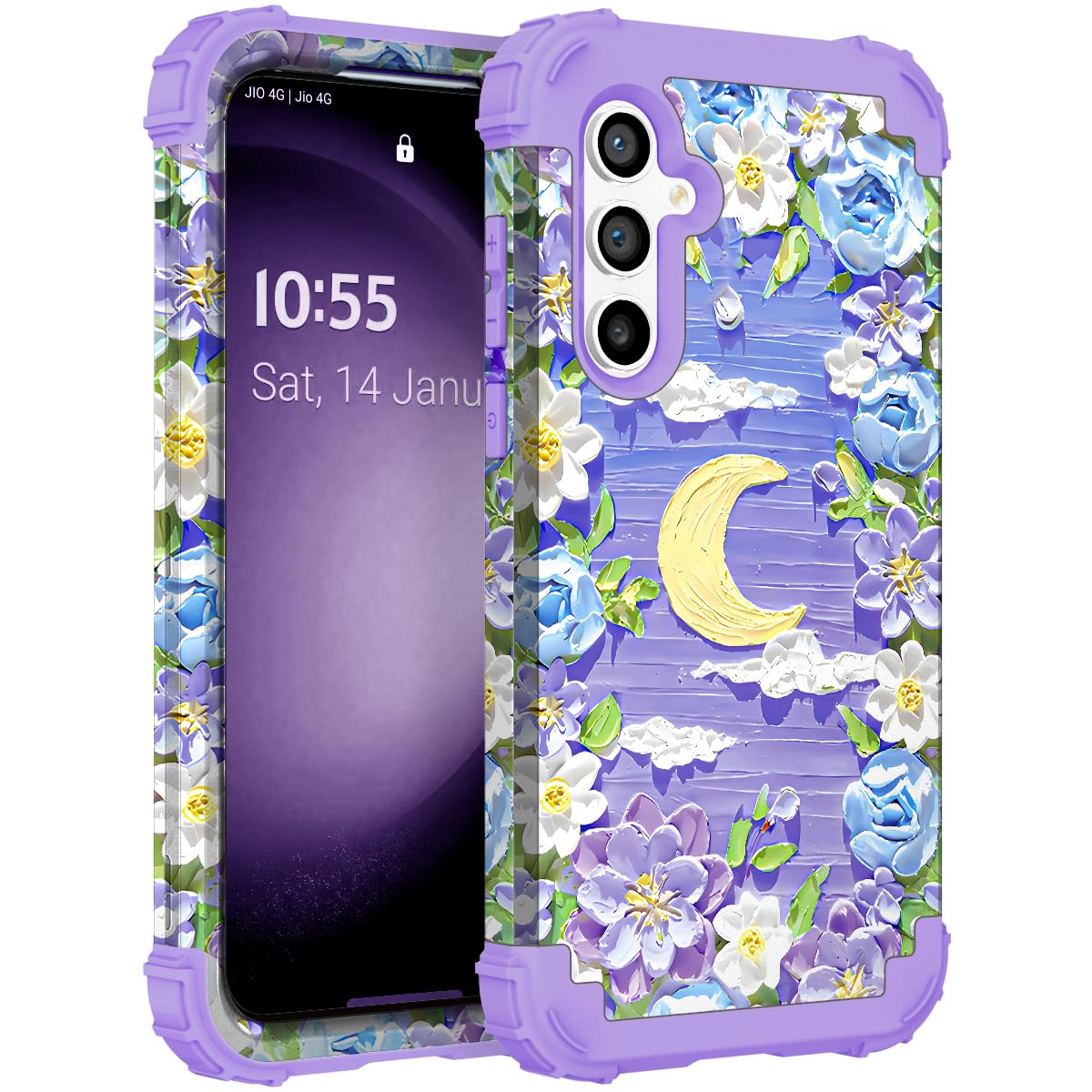 SleekCover for Galaxy S24 Case,3 in 1 Oil Painting Flower Pattern Heavy Duty Shockproof Protection Silicone Rubber Bumper+Hard Plastic Hybrid