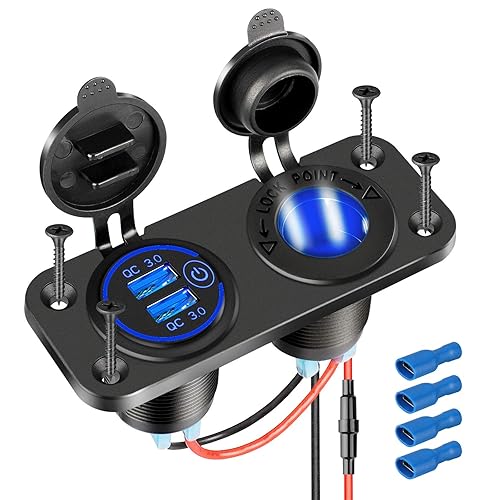 [Upgraded] Cigarette Lighter Socket Outlet Splitter, Quick Charge 3.0 USB Charger Power Outlet with LED, 12V USB Outlet Marine Waterproof Power Panel