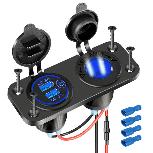 [Upgraded] Cigarette Lighter Socket Outlet Splitter, Quick Charge 3.0 USB Charger Power Outlet with LED, 12V USB Outlet Marine Waterproof Power Panel