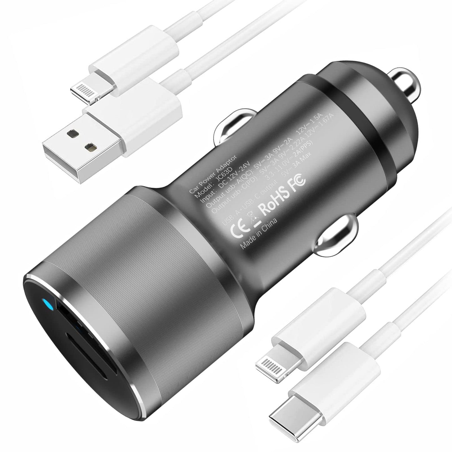 MOCA 38W Fast Car Charger, 2-Port PD/QC 3.0 All Metal Car Power Adapter W/2 PCS 3.3ft PD Lightning Cord Quick Charging for iPhone 17/16/15 Series