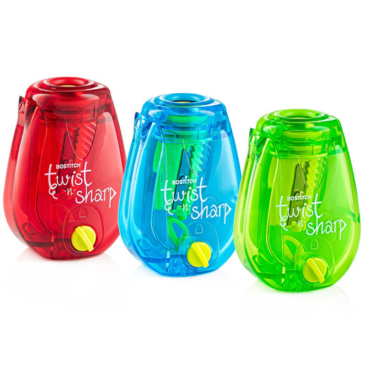 Bostitch Office Pencil Sharpener, Manual, Twist-n-Sharp with Shavings Tray, Kids, Boys, Girls, Colored Pencils, 3-Pack, Lime Green, Blue and Red