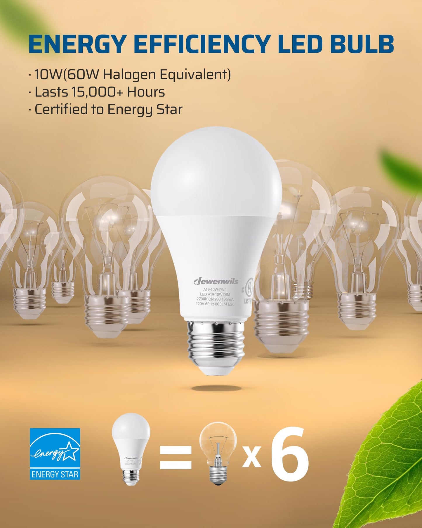 DEWENWILS 60W Equiv Dimmable A19 LED Bulbs, 800LM 2700K Warm White 4-Pack
