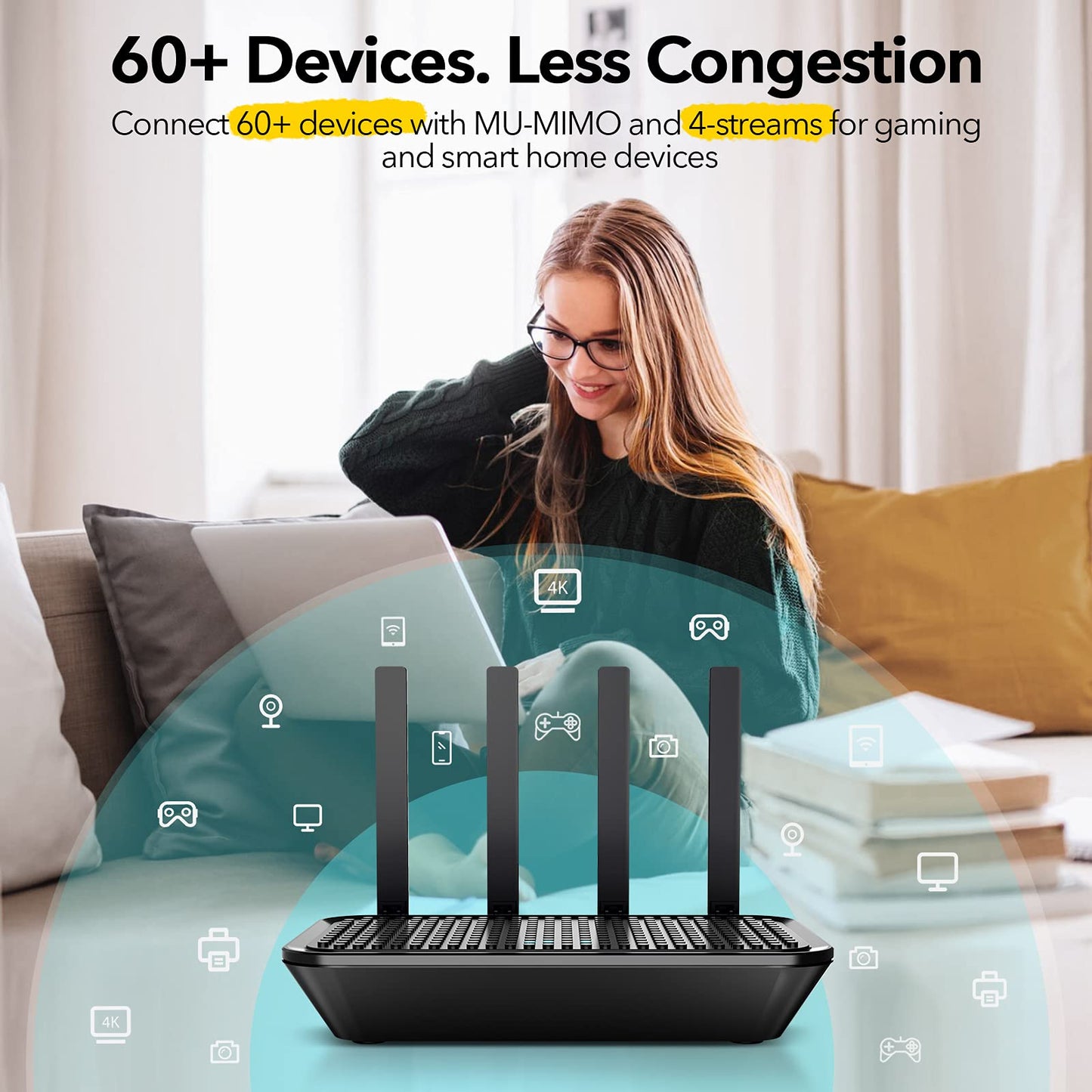 WiFi Router- AC2100 Dual-Band Smart Wi-Fi Router Upgrades to 2033 Mbps (5G) High-speed, Features MU-MIMO, 4 Gigabit LAN Ports, ONE SSID, Parental