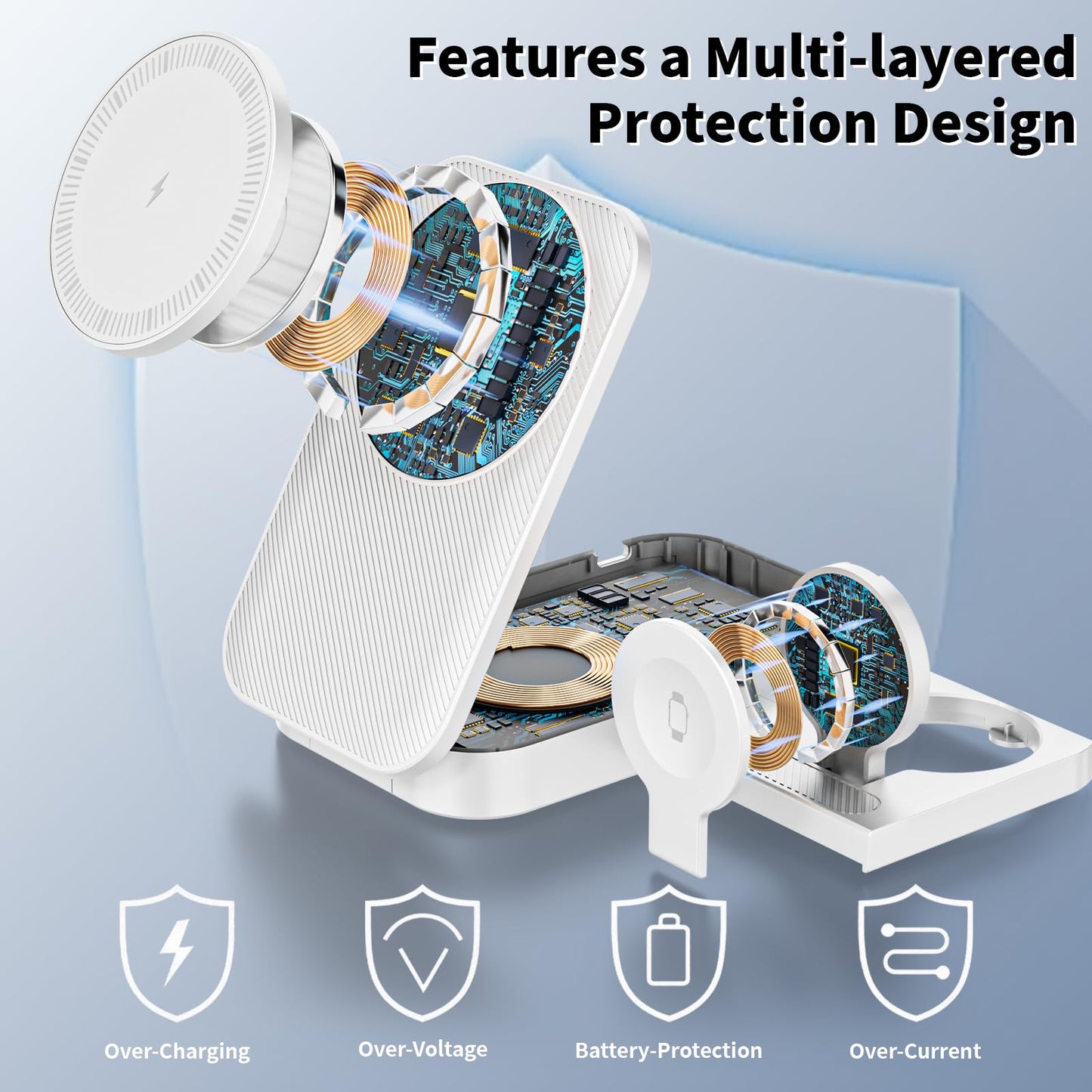 [Apple MFi Certified]Magnetic Charger 3 in 1 Charging Station,25W Wireless Foldable Mag-Safe Charger 6FT USB-C Cable Wireless iPhone Charging Station