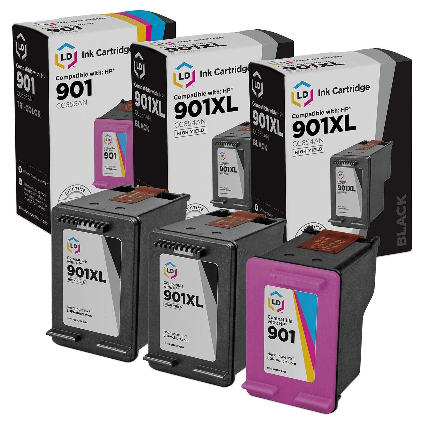 LD Remanufactured Ink Cartridge Replacement for HP 901XL & 901 High Yield (2 Black, 1 Color, 3-Pack) Compatible with HP Printer Model OfficeJet J4540