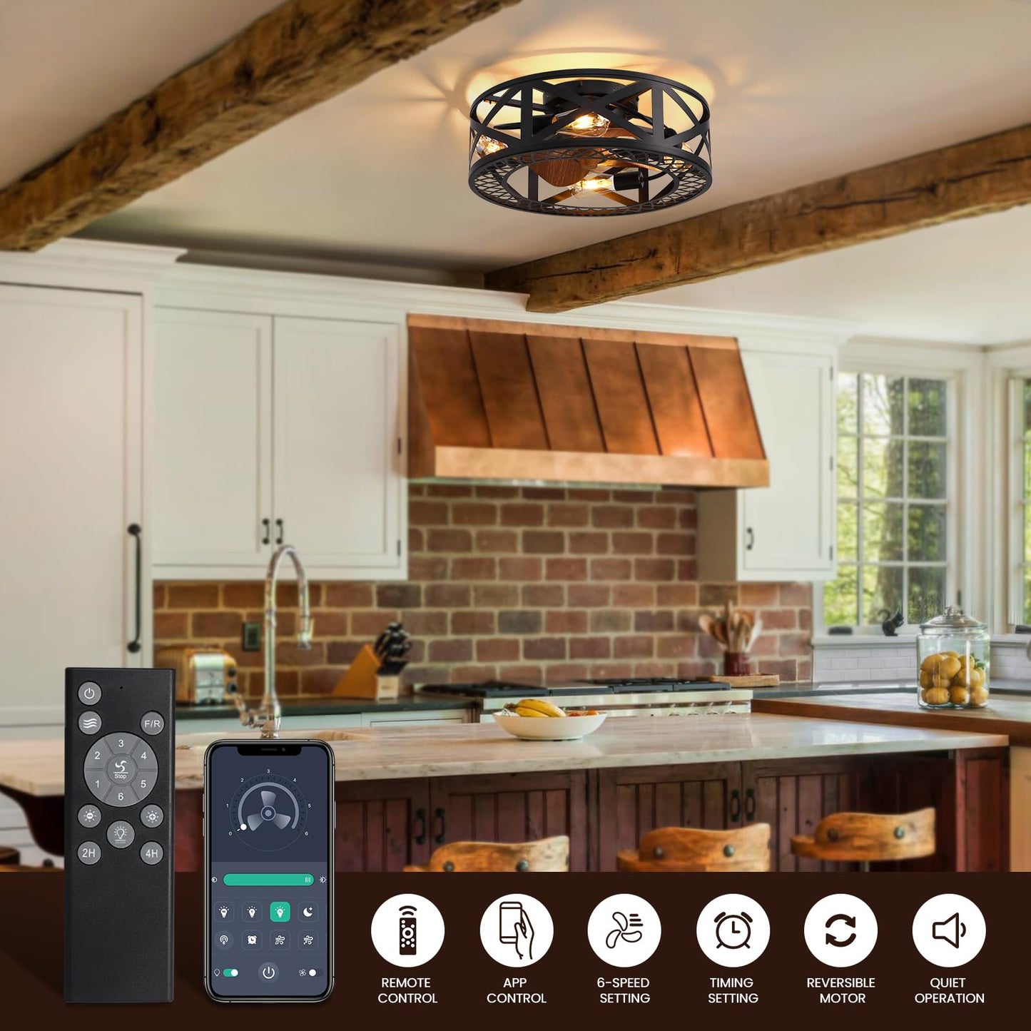 MOOONICHE 20" Caged Ceiling Fans with Lights, Modern Dimmable Flush Mount Ceiling Fan with Lights Remote, Black Low Profile Ceiling Fan for Bedroom