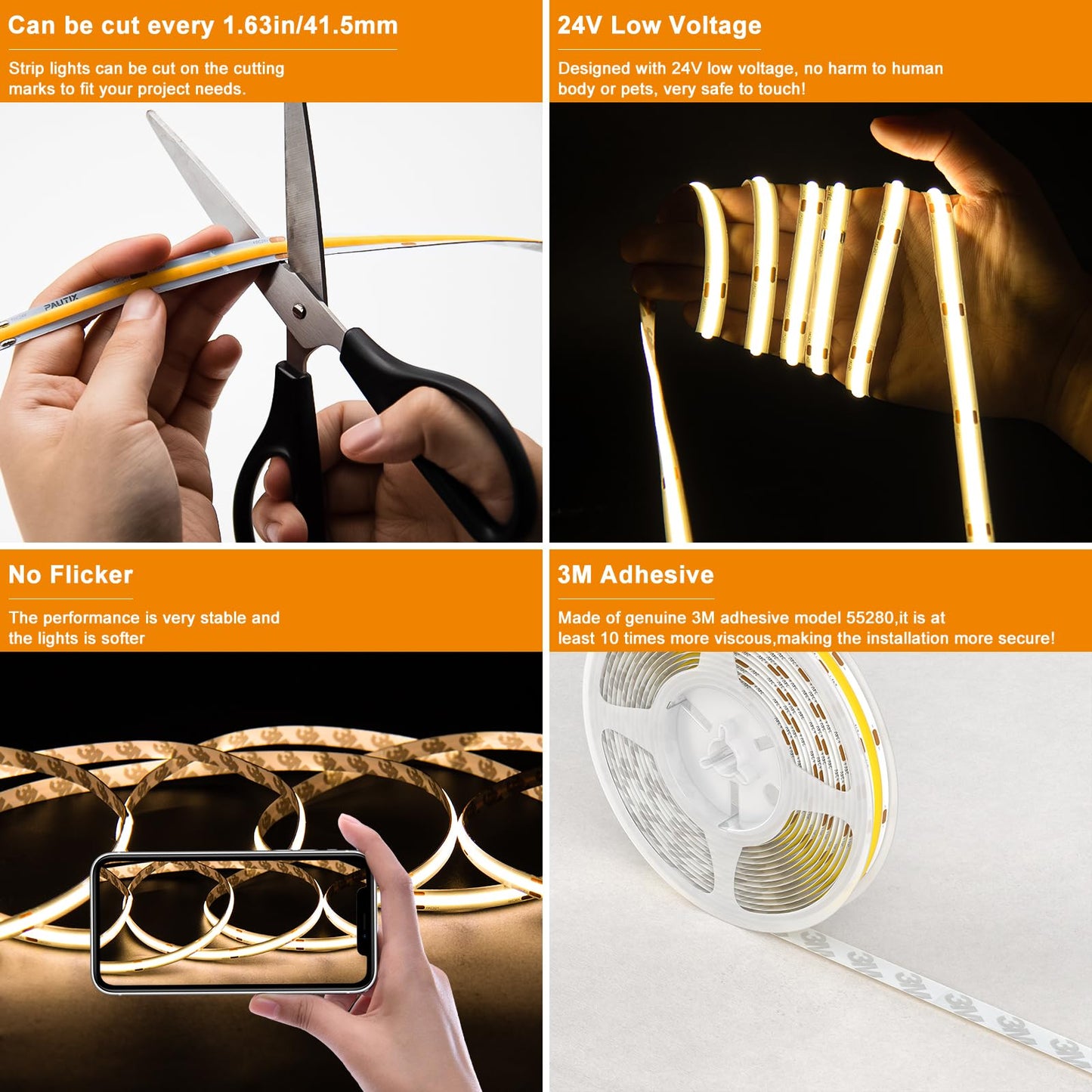 PAUTIX White LED Strip Lights 3000K,Dimmable cob led 32.8ft/10m DC24V Warm White LED Strip Lights,High Lumen Tape Lights Kit,Work with Alexa/Google