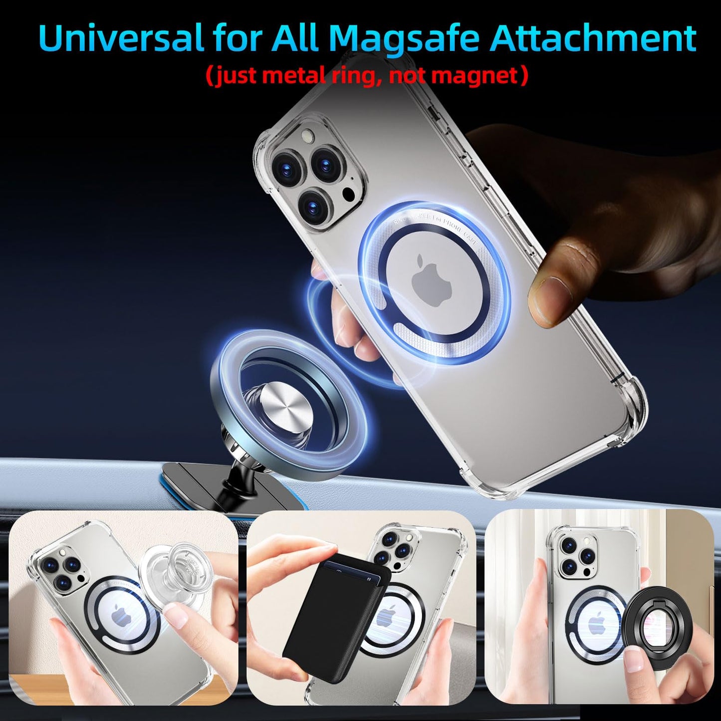 4Pcs Adapter Ring for Magsafe, Magnet Adapter, Magsafe Sticker with Sticky Adhesive, Black Metal Loop for Wireless Charger/Card Wallet/Car