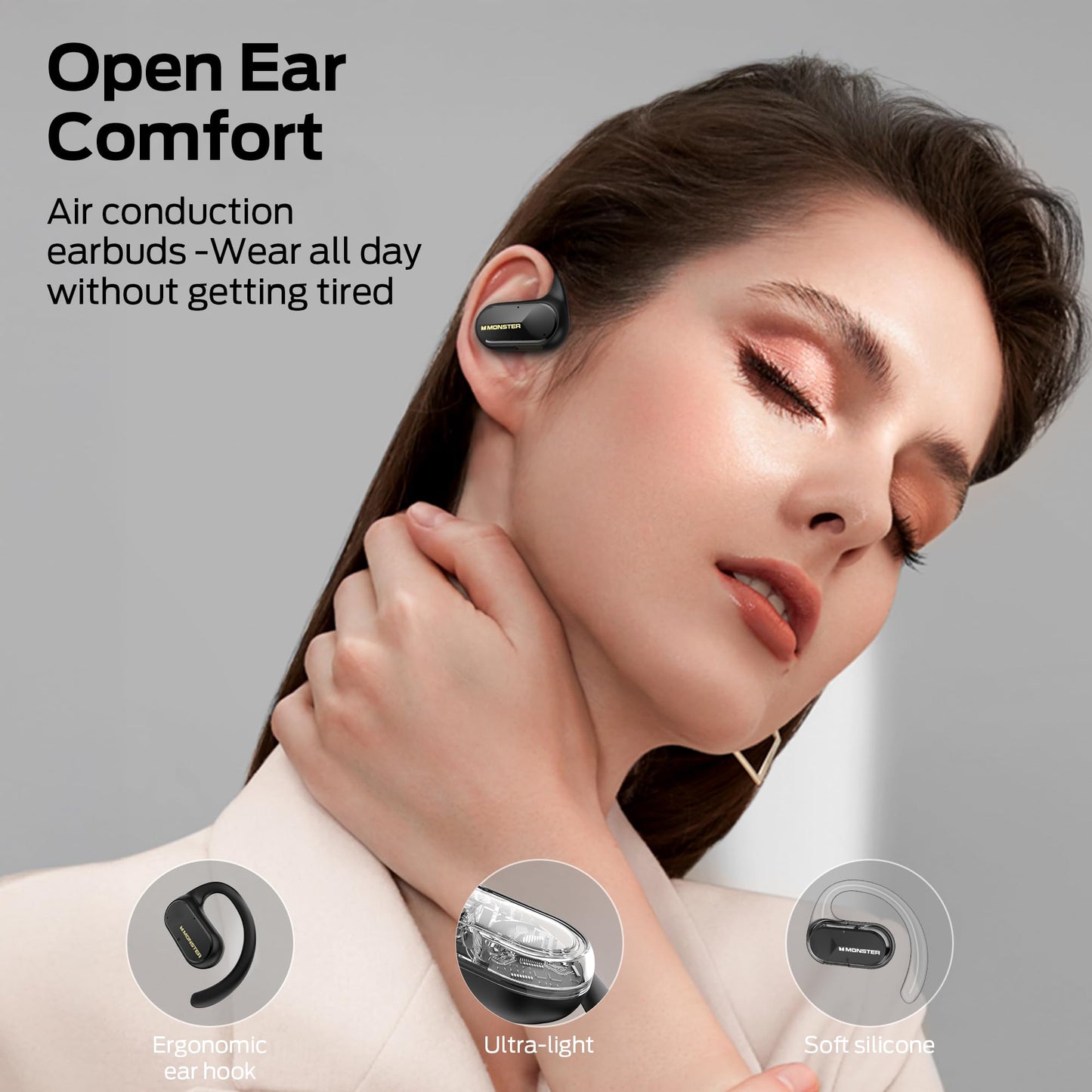 Monster Open Ear AC312 Headphones, Bluetooth 5.4, Wireless Earbuds with ENC Noise-Cancelling Mic, Immersive Stereo Sound by 16mm Large Drivers, Clear…
