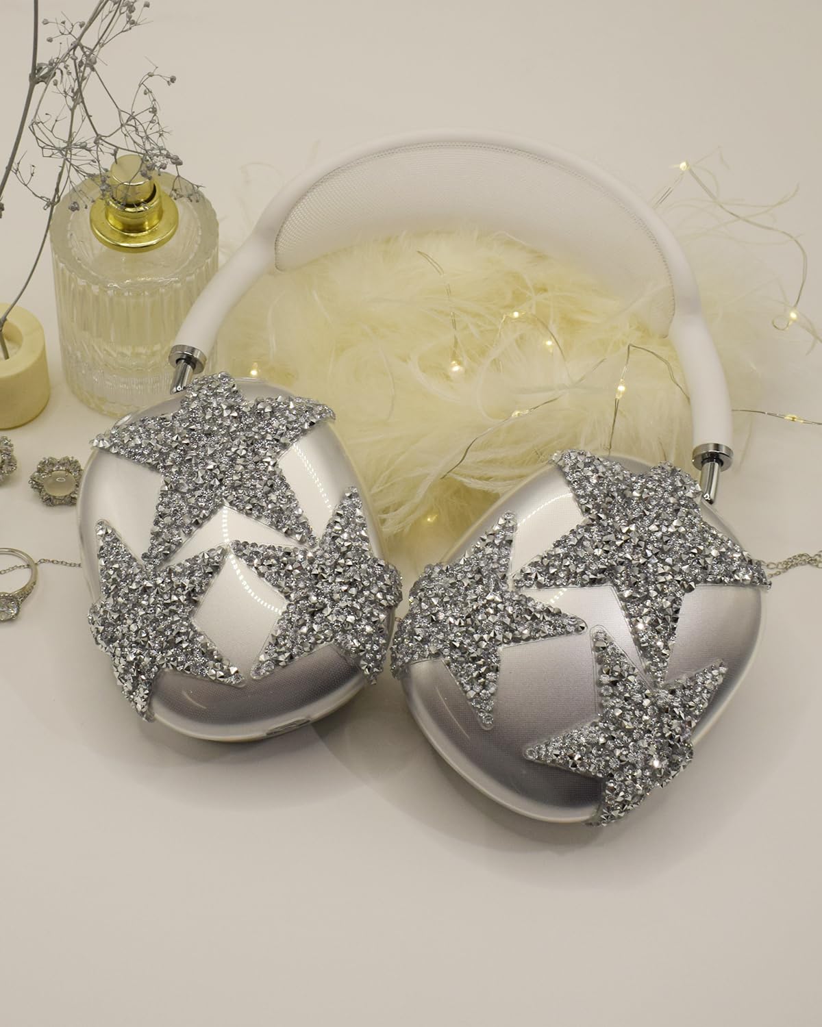 3 in 1 Bling Case Cover for AirPod Max, Clear TPU Glittering Rhinestones Stars Protective Ear Cups Covers Silicone Earpad Headband Covers Compatible