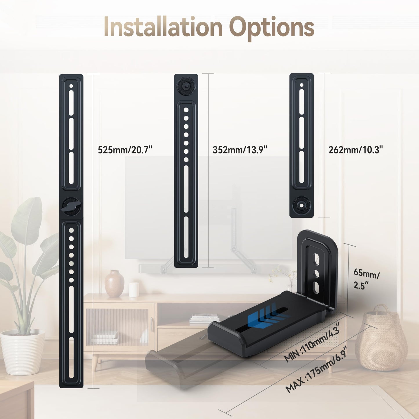 C YECEN Sound Bar Mounts Under TV or Above TV, Height & Depth Adjustable Soundbar Mount?with Detachable Extension Arms and L-Brackets