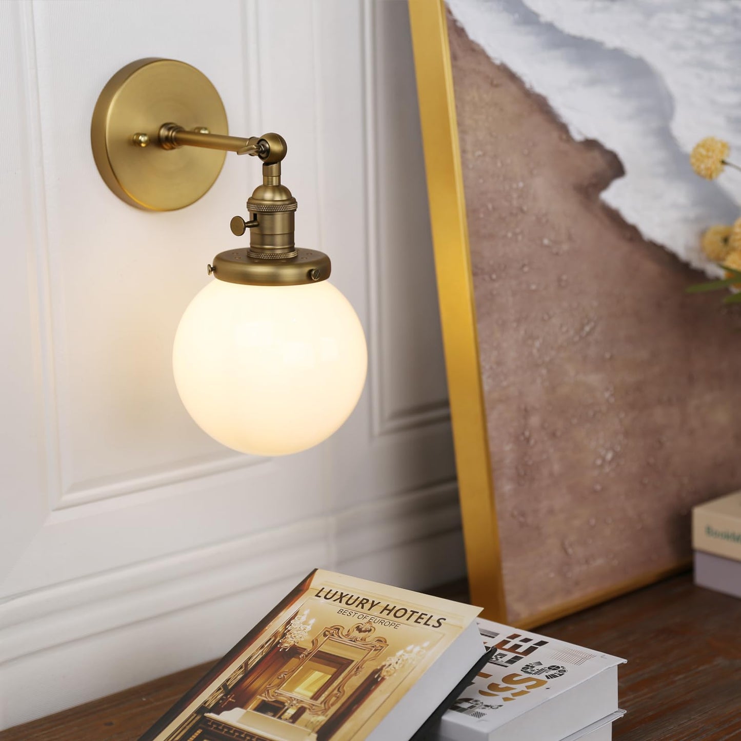 Pathson Hardwired Wall Sconce with White Globe, Brass Bathroom Vanity Light with On Off Switch, Vintage Wall Light Fixtures for Living Room Loft