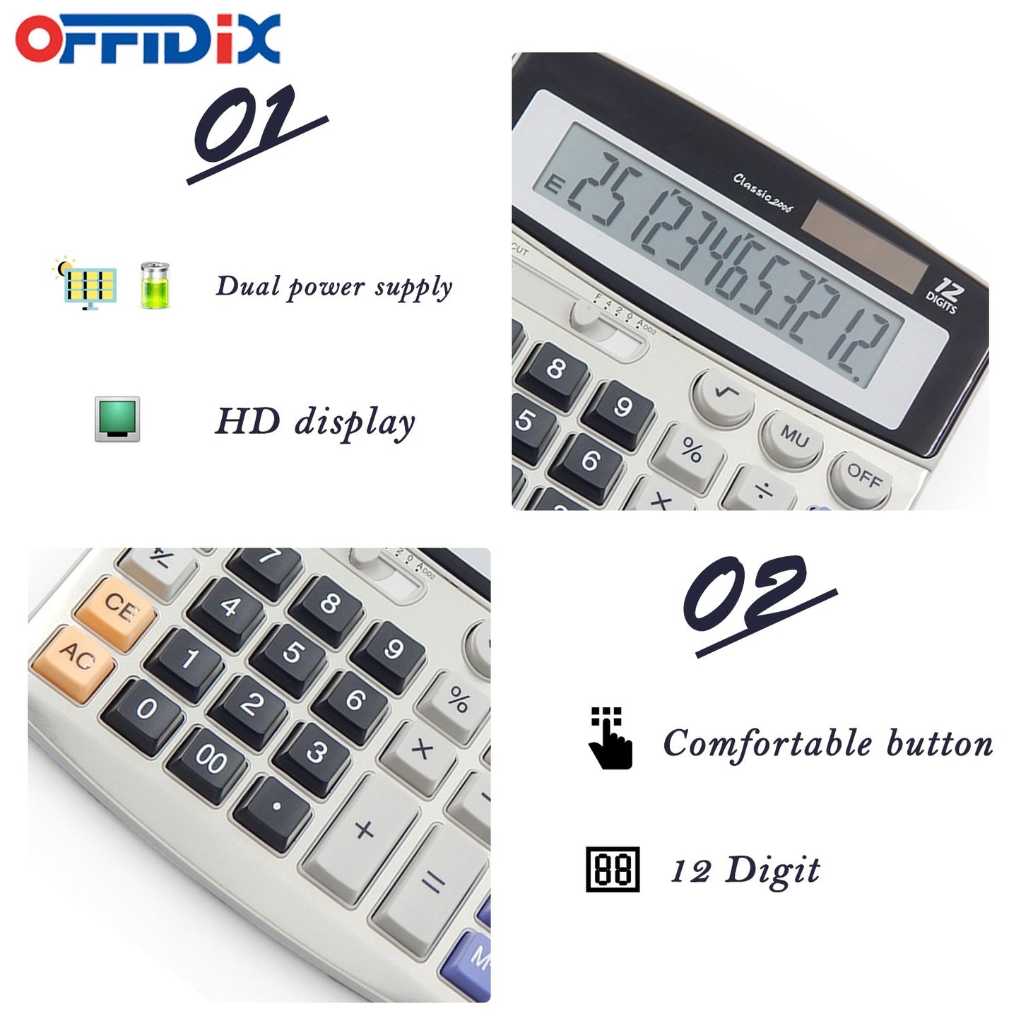 OFFIDIX Office Desktop Solar and Battery Dual Power Electronic Calculator - Portable 12 Digit Large LCD Display - 1PC