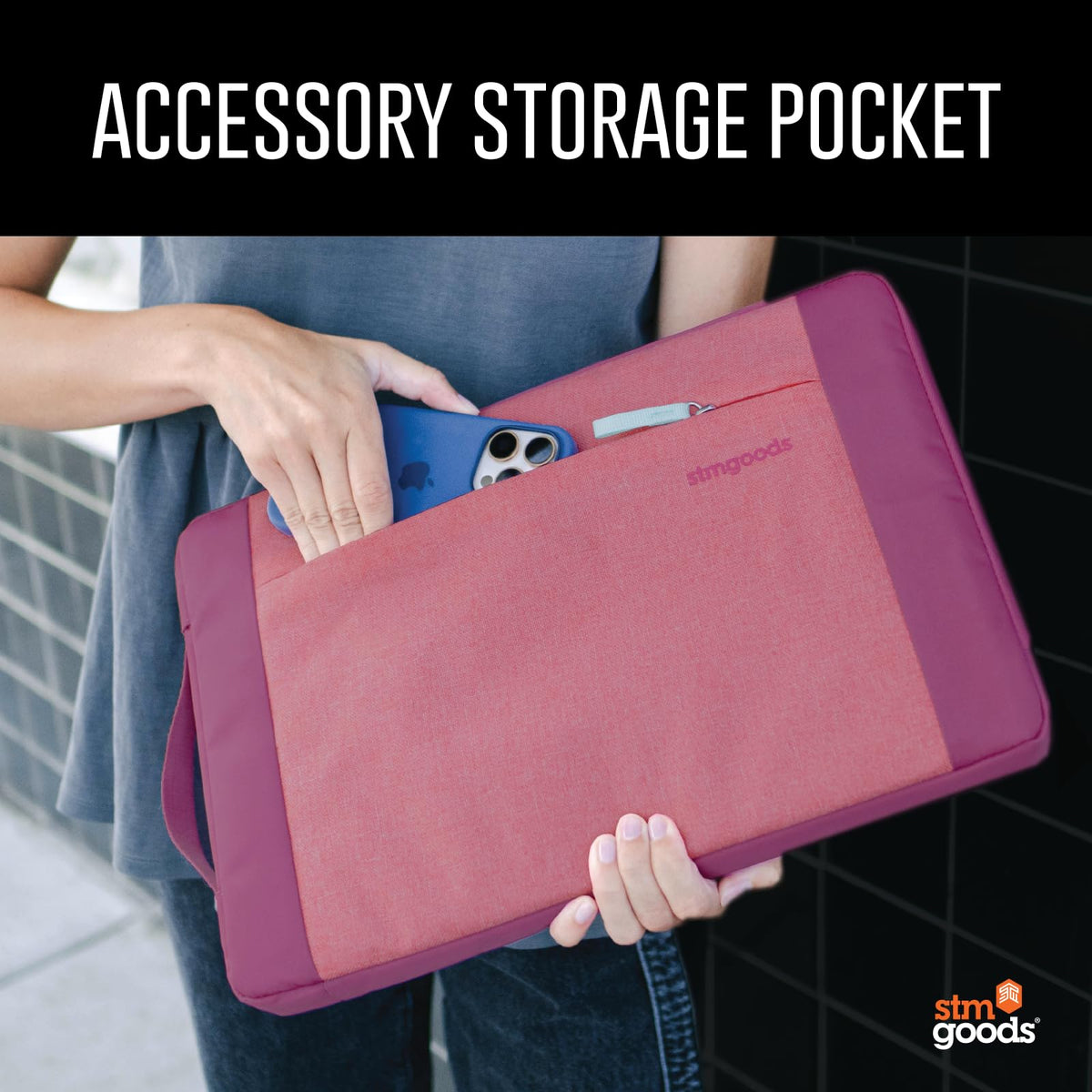STM Kin Laptop Sleeve - Slim & Lightweight, Fleece-Lined Interior, 4mm EVA Shock Absorption, Zippered Storage Pocket, Retractable Handle, Stylish