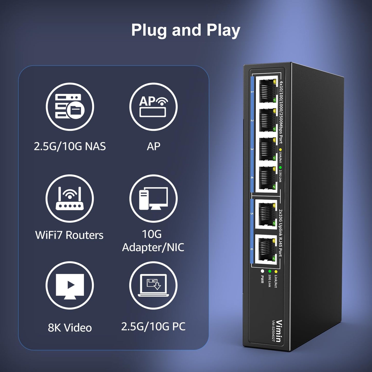 6-Port 10G/2.5G Ethernet Switch with Dual 10GBASE-T, Vimin 4X 2.5G +2 x 10Gb RJ45 Ports Unmanaged Switch, 60Gbps Capacity, 10G Switch Desktop/Wall