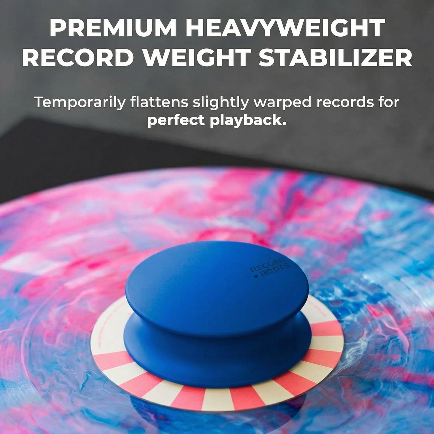 Record Roots Vinyl Weight Stabilizer - 750g Heavy Duty Turntable- Rubberized Blue Finish with Velvet Base - Improves Playback Stability, Reduces