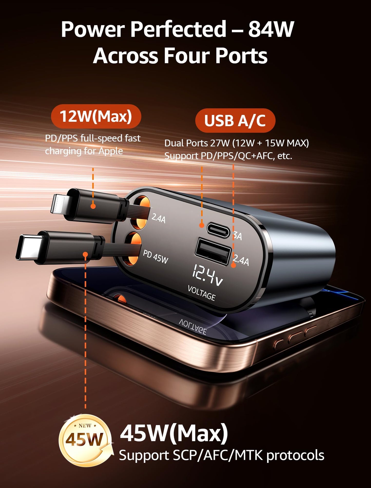 Upgraded Retractable Car Charger 4 in 1, MAX 84W USB C Car Charger Adapter for iPhone 16 Chargers Fast Charging with 3.9FT Longer Cable Cars