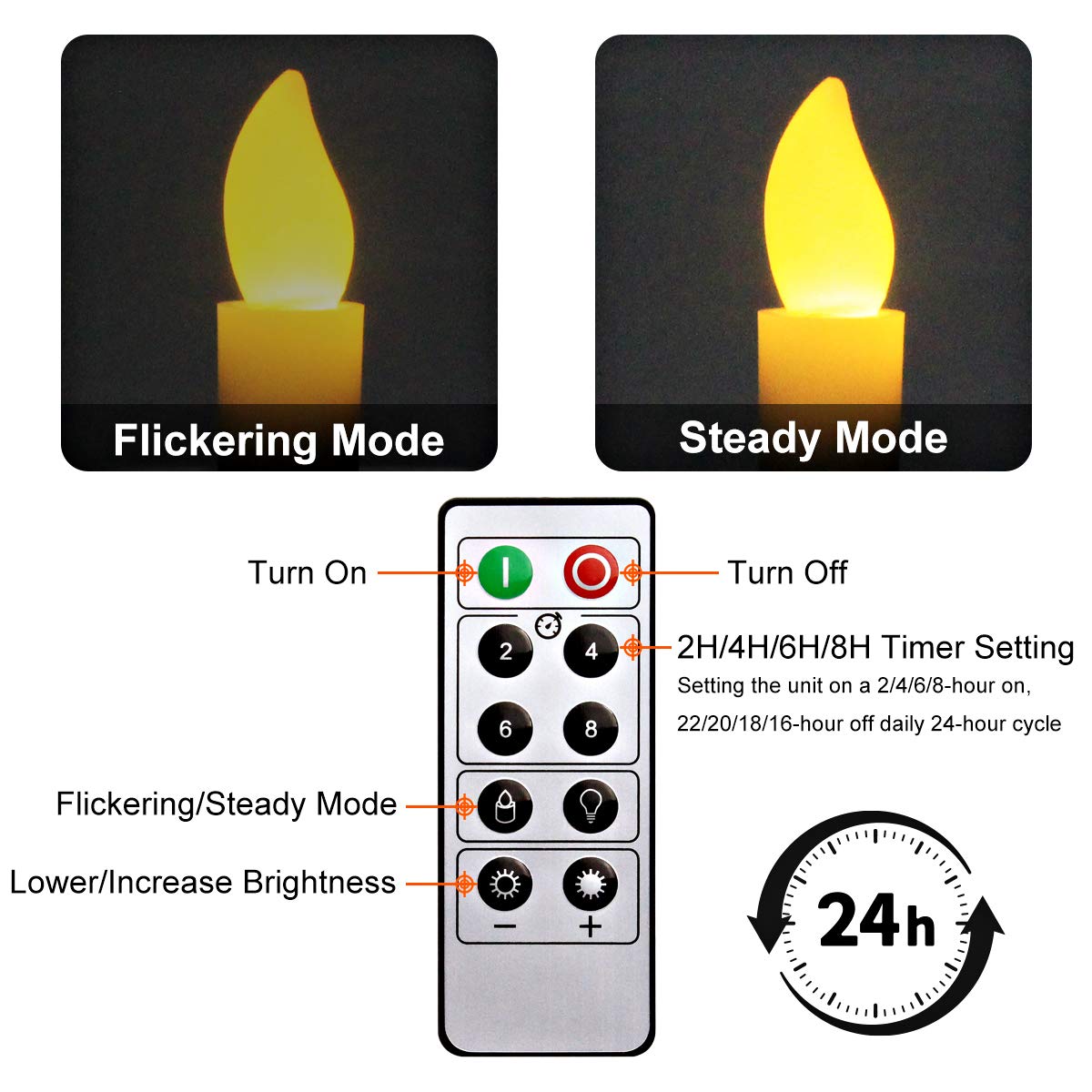 Kithouse 6 Set Christmas Window Candles Lights with Timer Battery Operated Electric LED Taper Candles Flameless for Windows, Gold Candle Holders