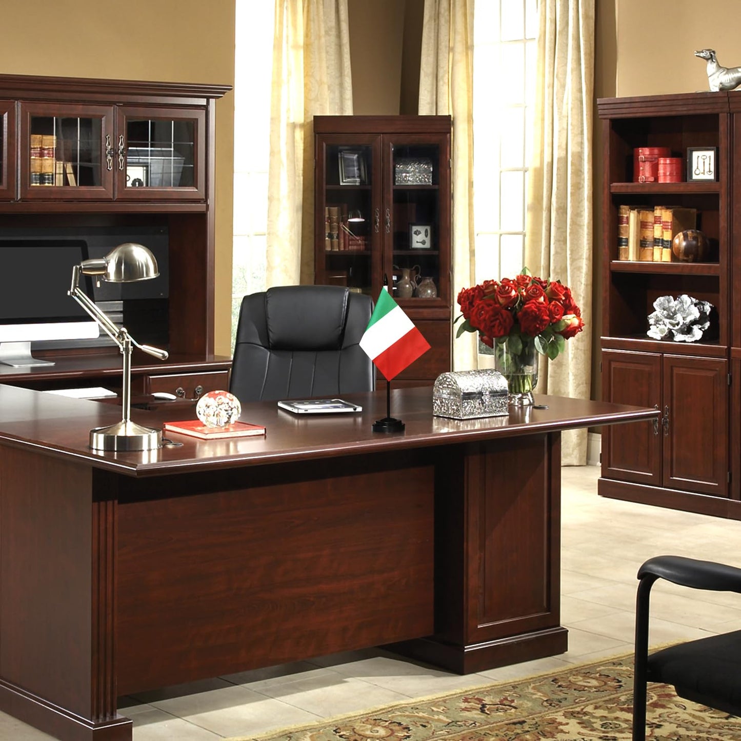 Anley Italy Deluxe Desk Flag Set - 6 x 4 Inch Miniature Italian Desktop Flag with 12" Solid Pole - Vivid Color and Fade Resistant - Black Base