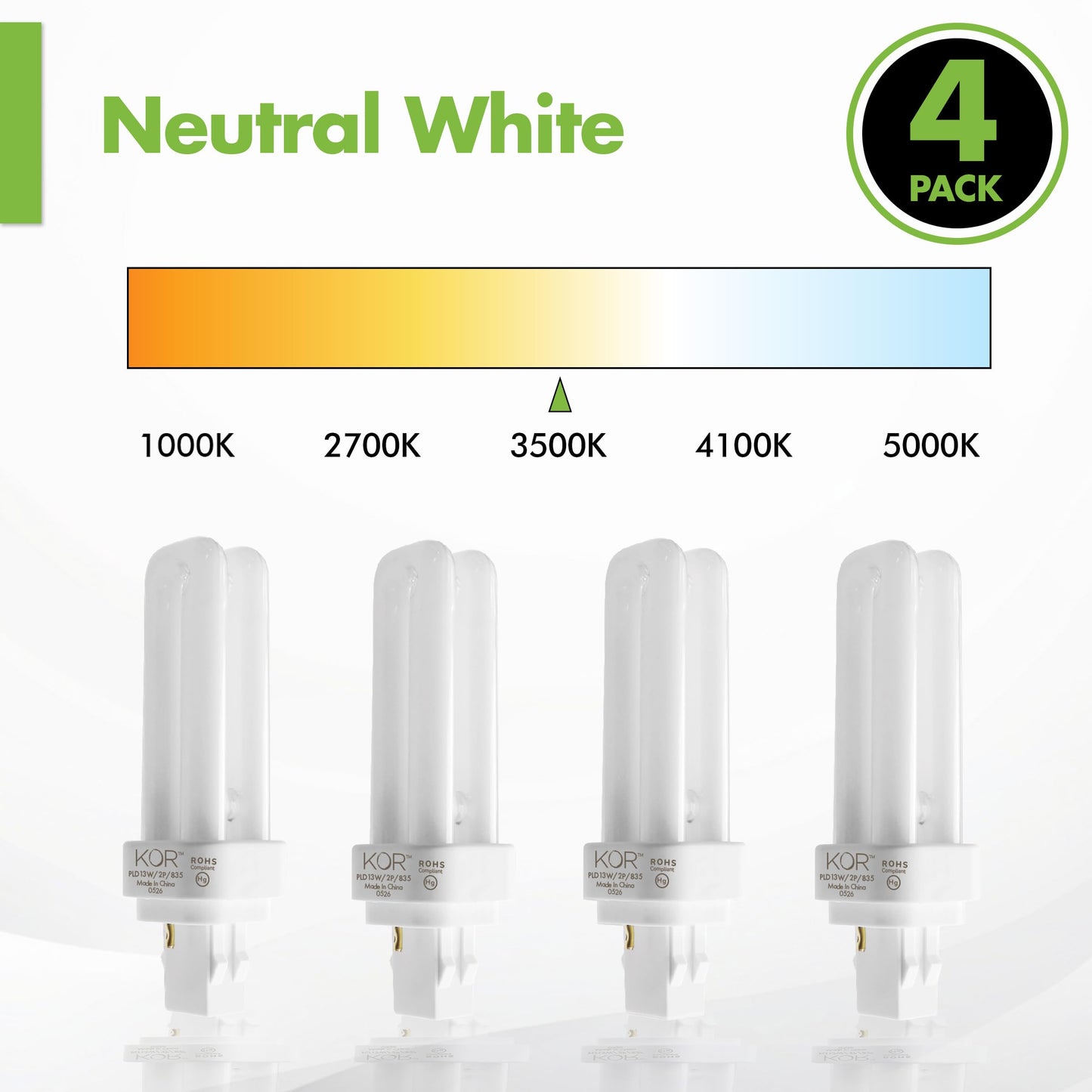 KOR 4-Pack 13W Double Tube CFL Light Bulbs, GX23-2 2-Pin Base, 3500K