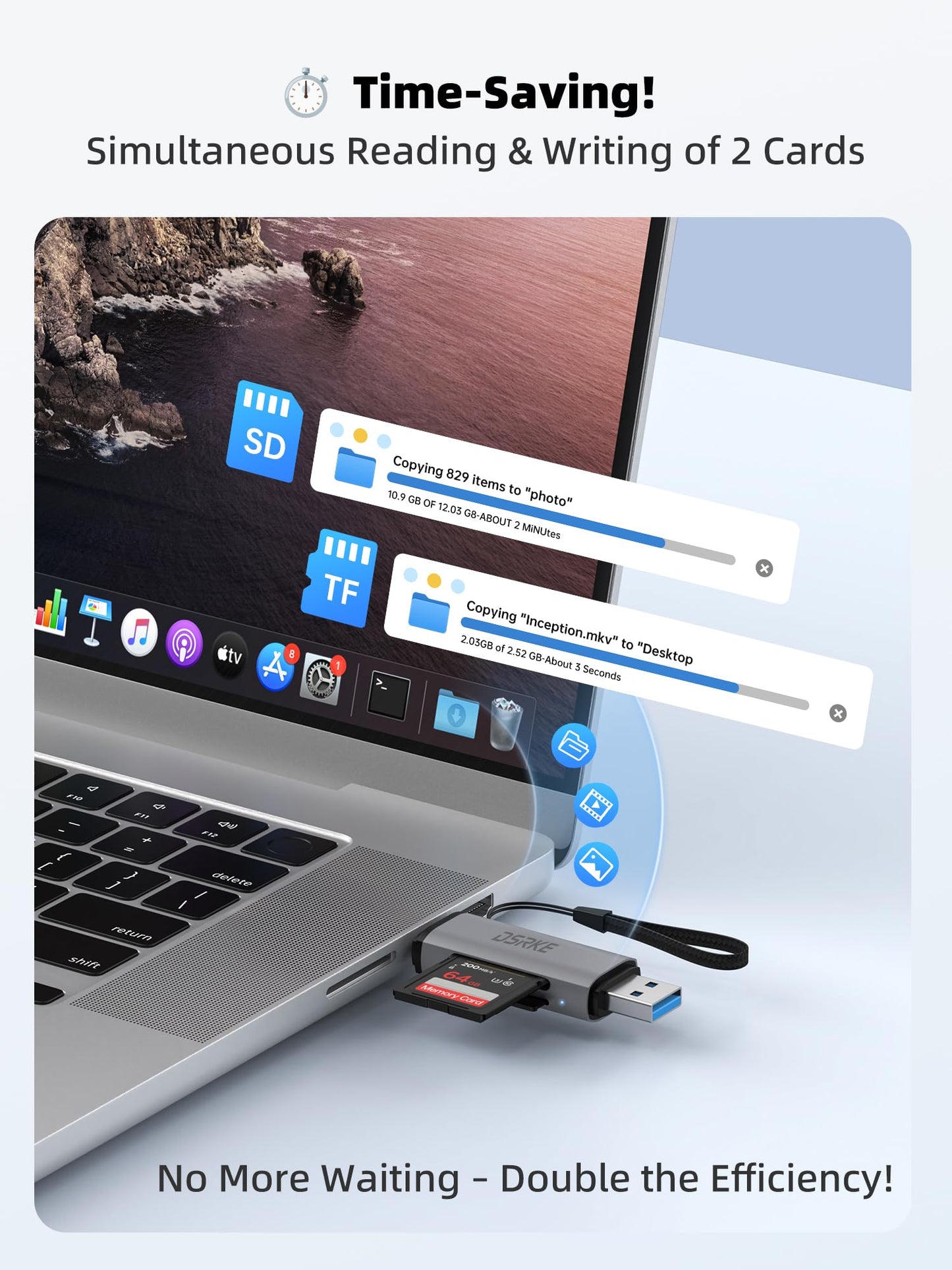 DSRKE SD Card Reader, USB 3.0 & USB C Dual Slots to Micro SD Card Adapter, Memory Card Reader for SD, microSD, SDHC, SDXC | Compatible with iPhone