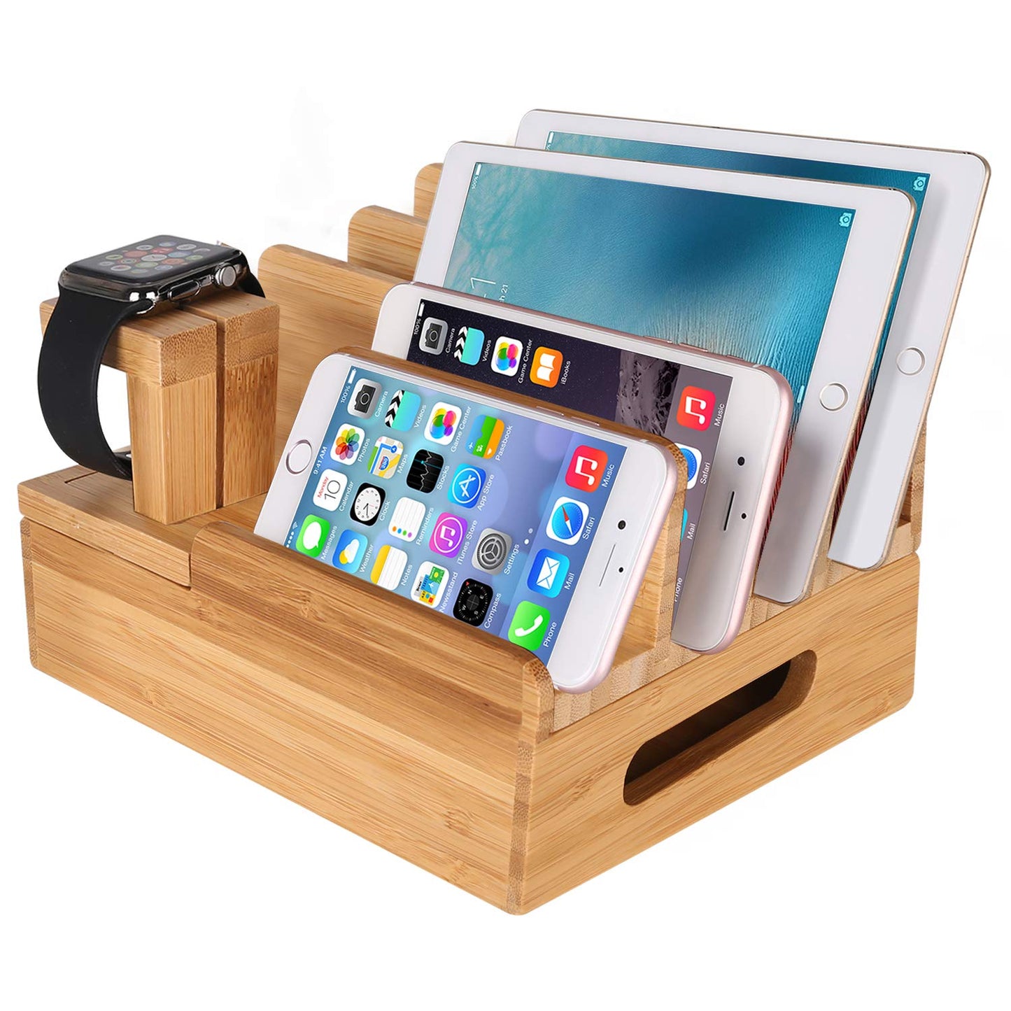Bamboo Wood Multi-Device Desktop Charging Dock Station Charger Holder Cradle Charge Stand Compatible iPhone 16 15 14 13 Pro Max iPad Mini Pro Air